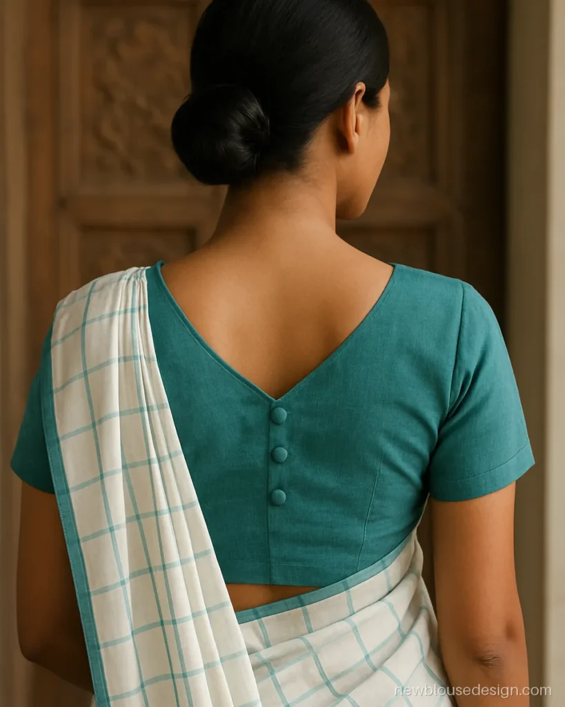 V shape blouse design back in teal cotton with three small fabric-covered buttons