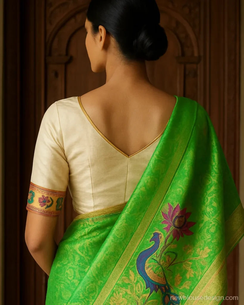 Cream silk v blouse design with Paithani peacock border on the sleeves