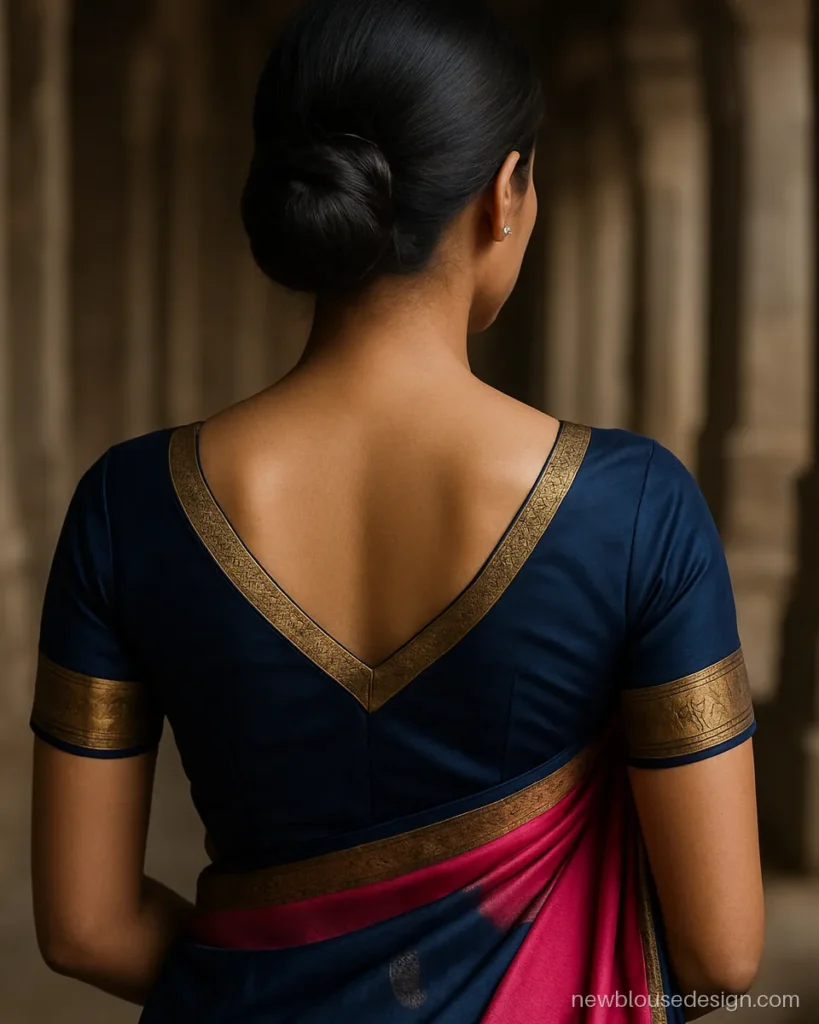 V back blouse design in navy silk with a temple border band along the edge