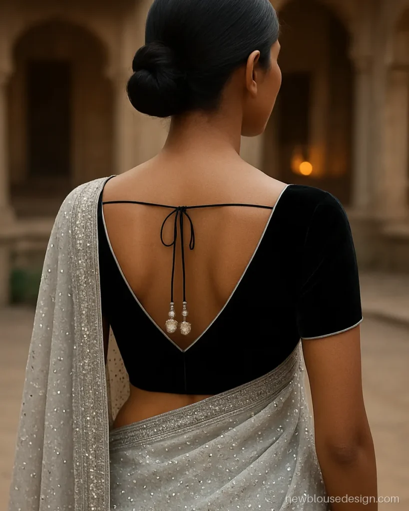 Deep V back blouse design in black velvet with a long beaded dori