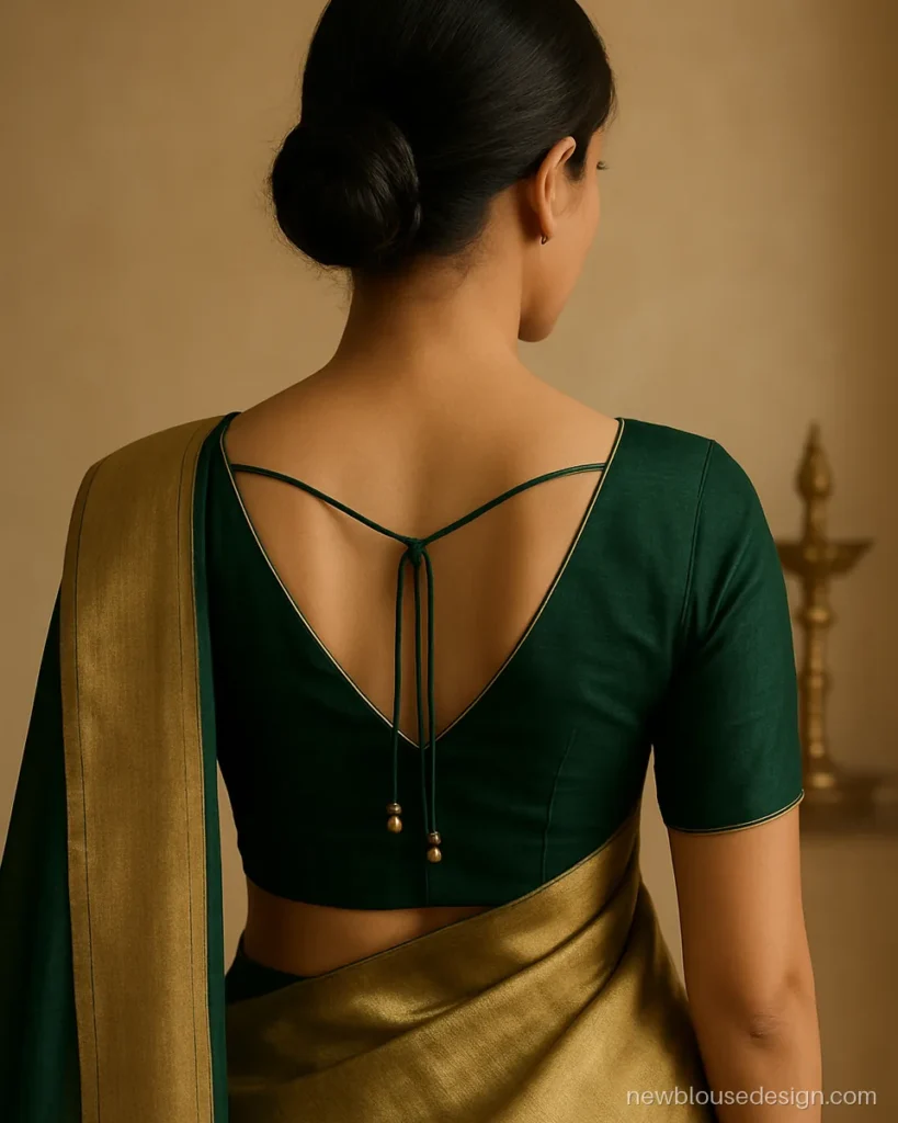 Emerald silk V cut blouse design with a deep back and a crossed dori