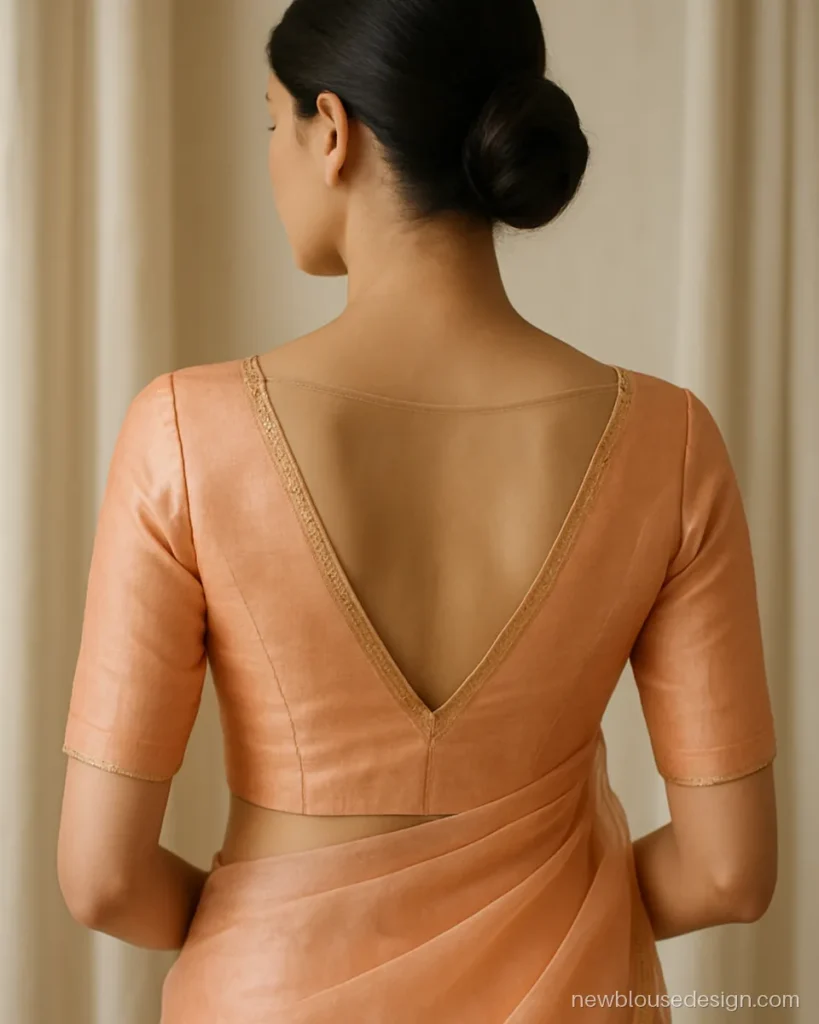Peach blouse with deep V back filled by a sheer net panel and sequin edge