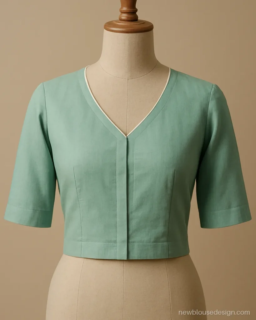 V neck front blouse design in mint cotton with elbow sleeves and a narrow white piping