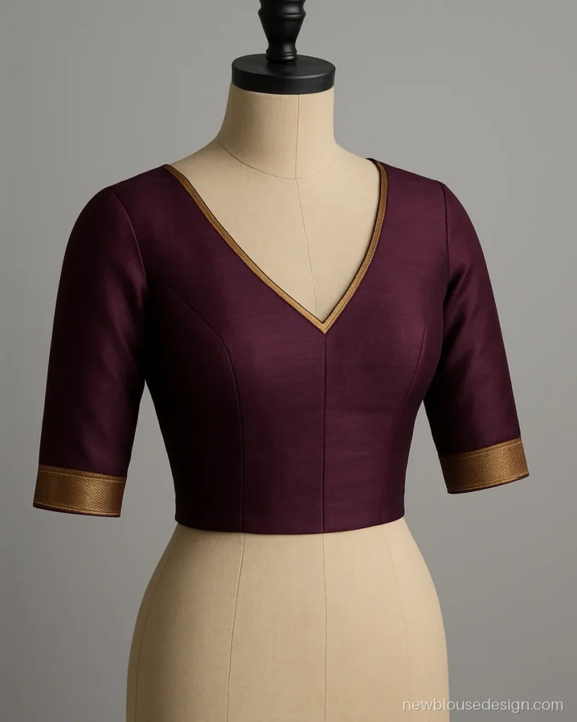 Plum silk V neck blouse front with a fine zari edge and three-quarter sleeves