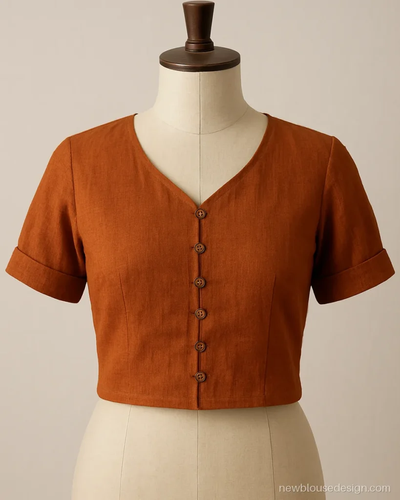 Rust khadi V neck blouse front with tiny wooden buttons down the centre