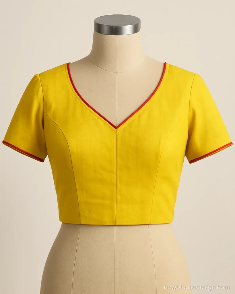 Yellow cotton v gala blouse design with red piping on neck and sleeves