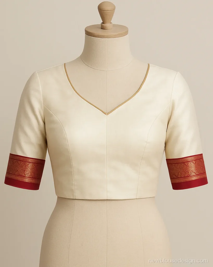 Ivory pattu V neck design blouse with katori cut and red border sleeves