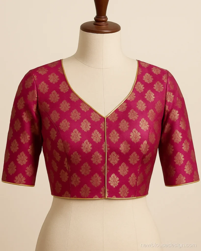 Magenta Banarasi brocade blouse with a V neck front and elbow sleeves