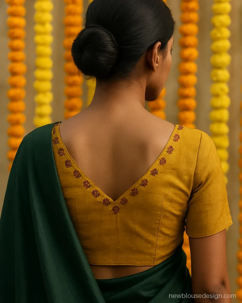Mustard silk V neck blouse back with aari work flowers along the edge