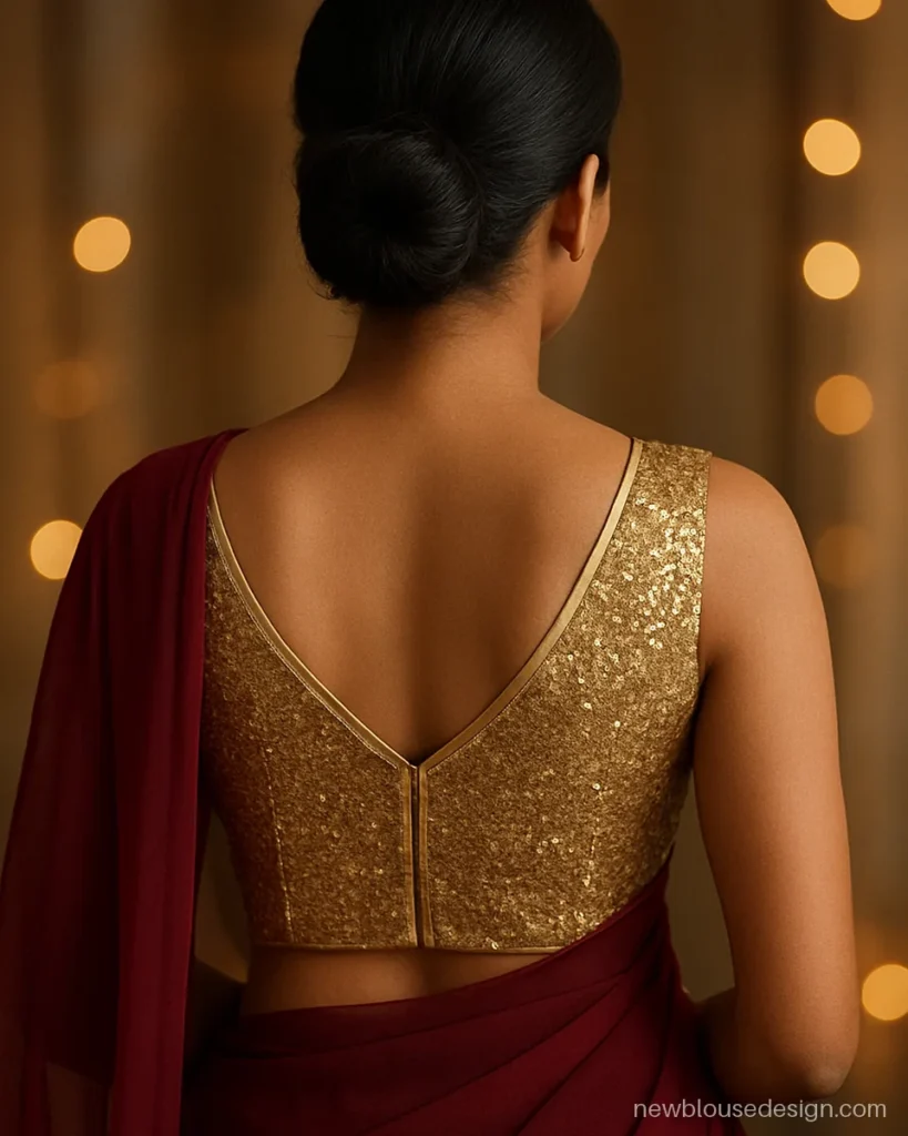 Gold sequin sleeveless blouse with V back and a hook closure