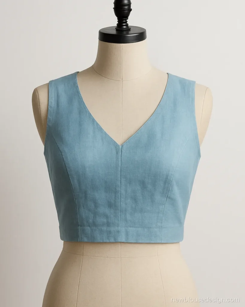 Sky blue linen sleeveless blouse design with V neck front and broad shoulders