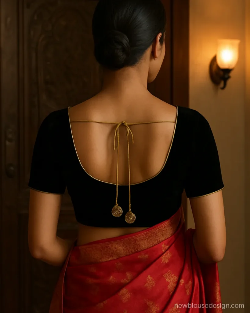 Black velvet blouse back design with deep U neck and gold latkans on a dori
