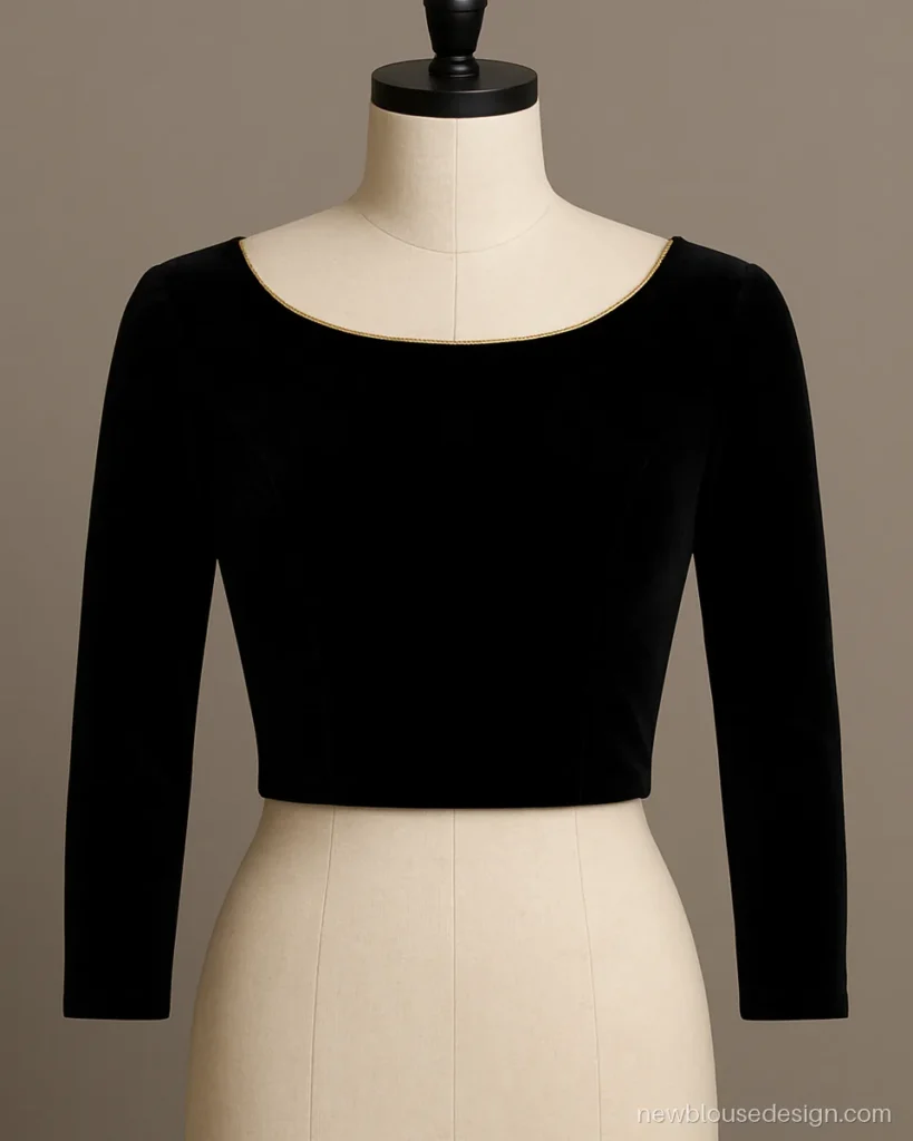 Boat neck velvet blouse design in black with full sleeves, front view