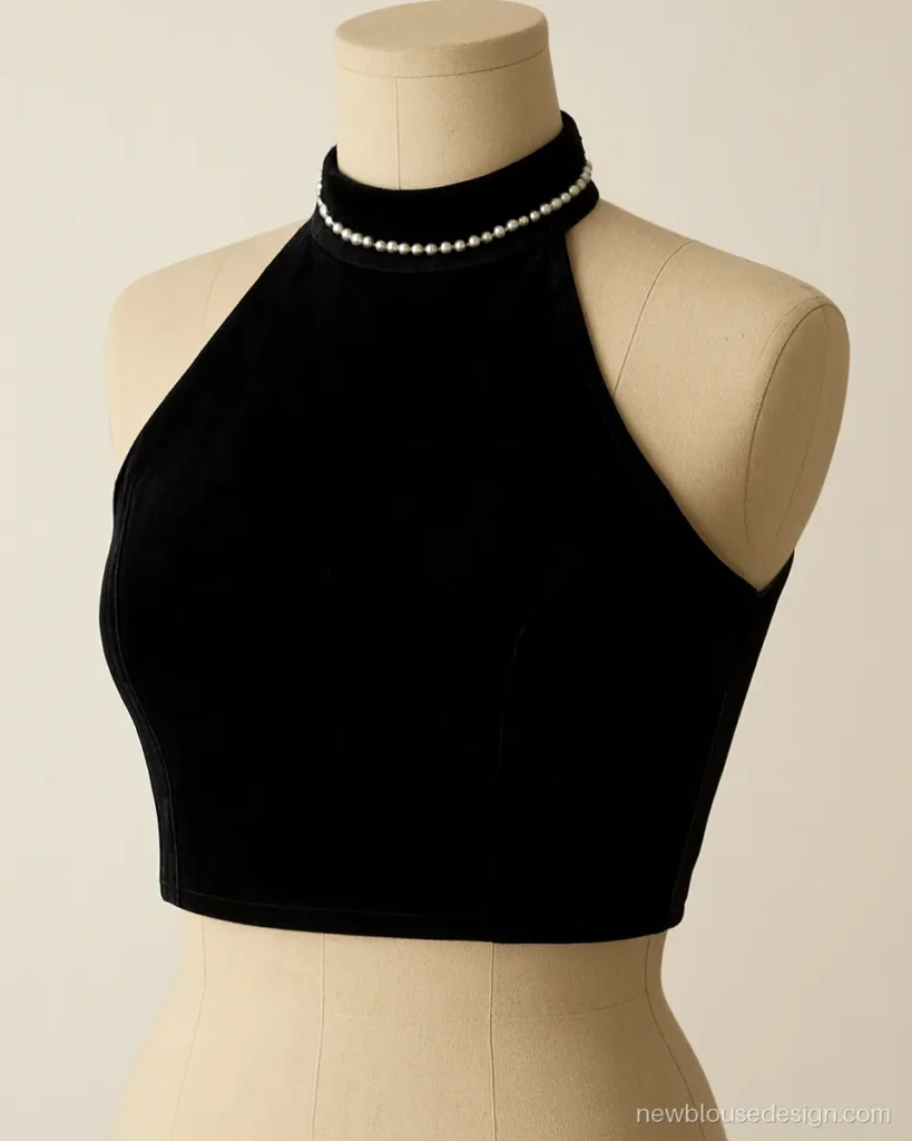 Black velvet sleeveless blouse with halter neck and a pearl line at the collar