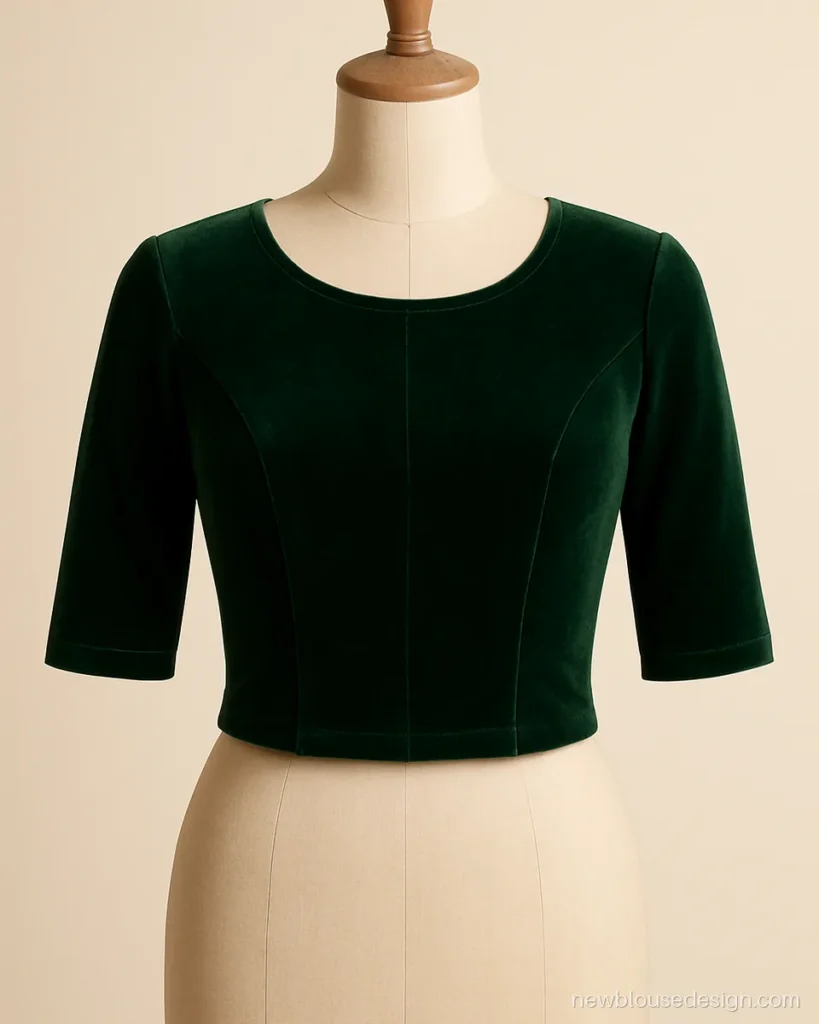 Bottle green velvet princess cut blouse front with round neck and elbow sleeves
