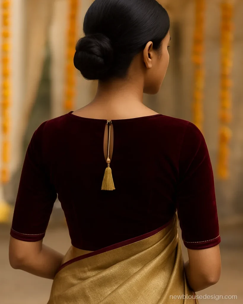 Maroon velvet blouse with boat neck back side and a single gold tassel