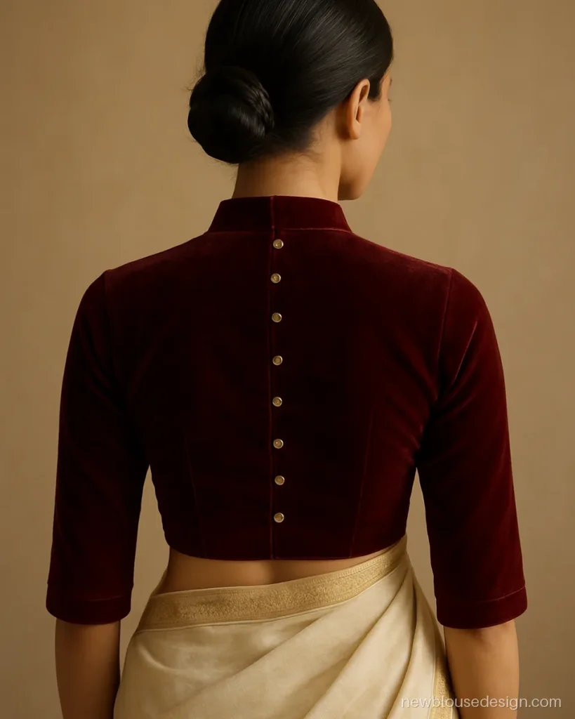 Maroon velvet blouse with stand collar and gold buttons on the back