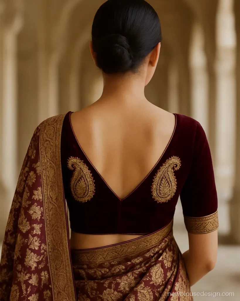 Maroon velvet blouse back with zardozi paisley motifs and a deep V neck