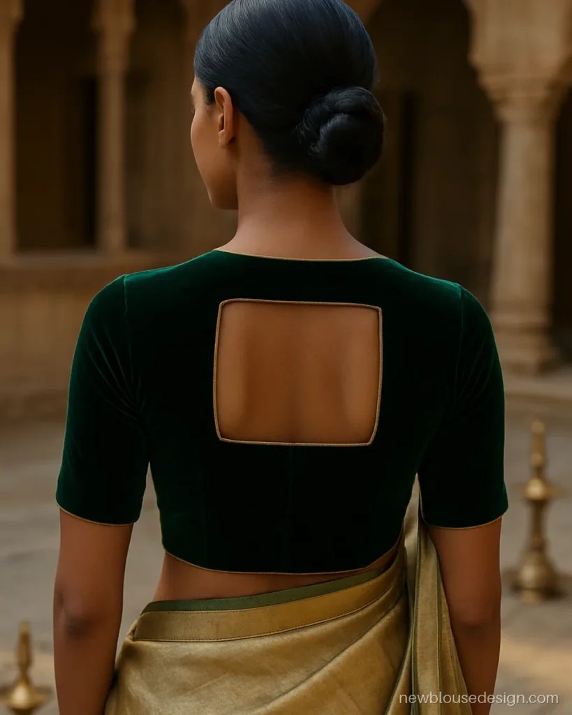 Modern velvet blouse design back in emerald with a rectangular window cut-out