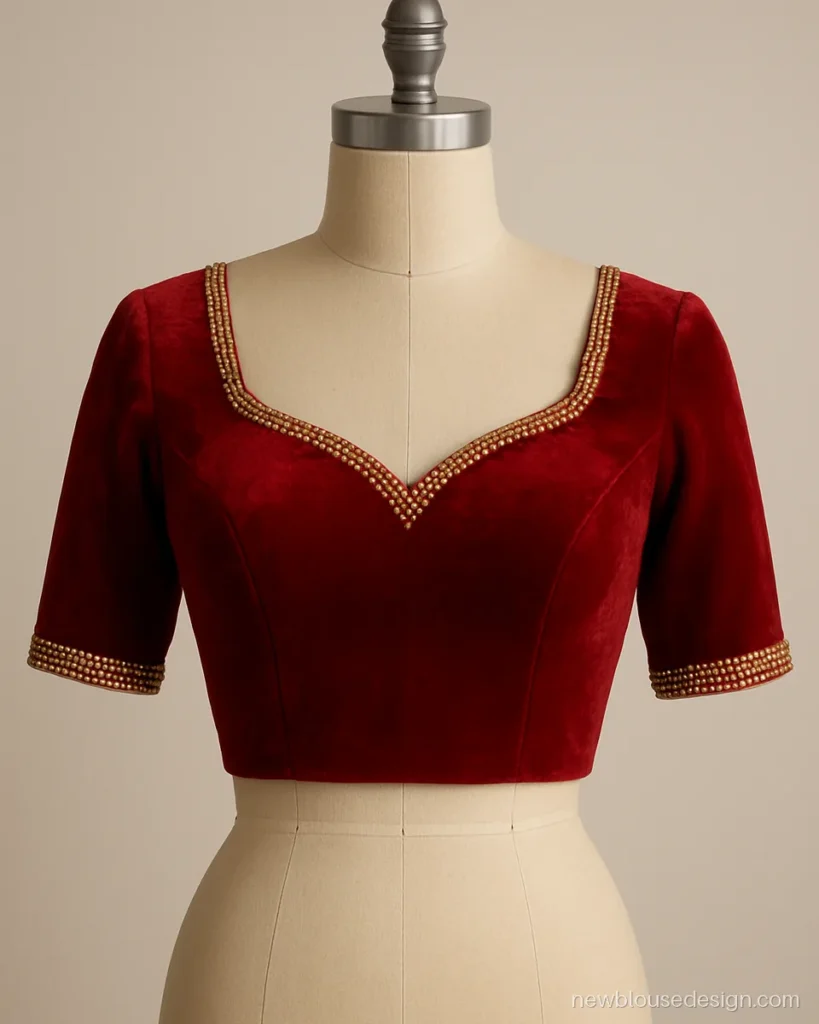 Red velvet blouse design with sweetheart front neck and gold stone border