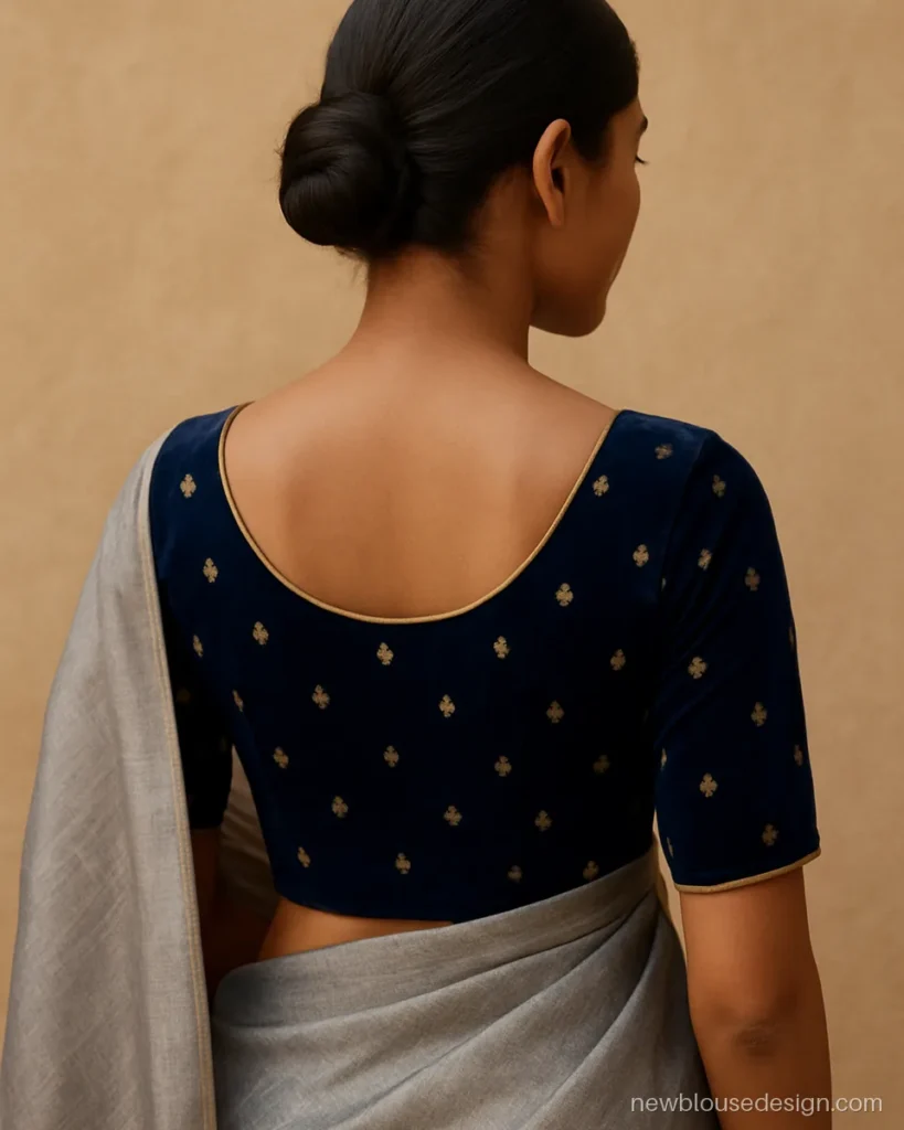 Royal blue velvet blouse with small gold zari butis all over