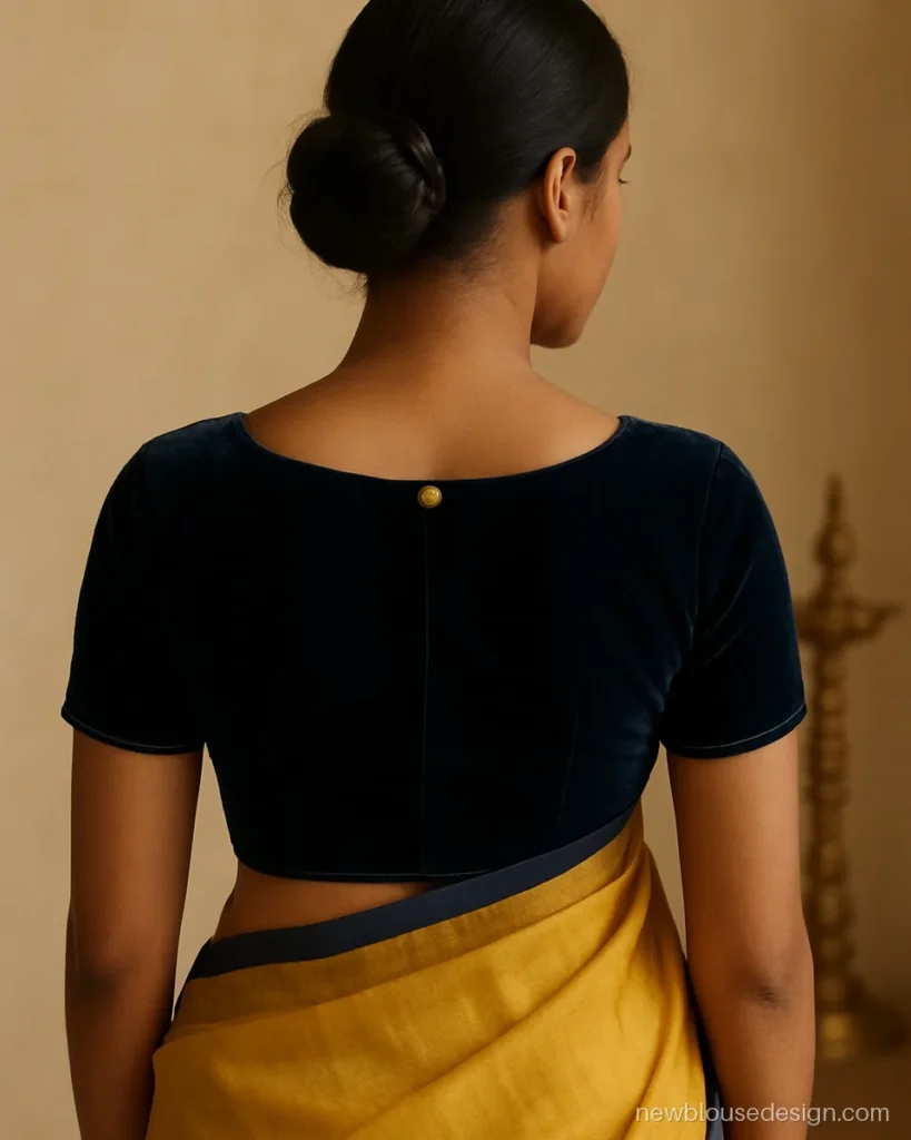 Simple velvet blouse design with plain round back and one gold button