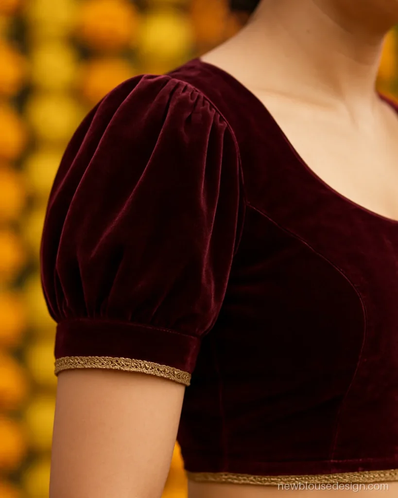 Wine velvet blouse with half puff sleeves and gold edge