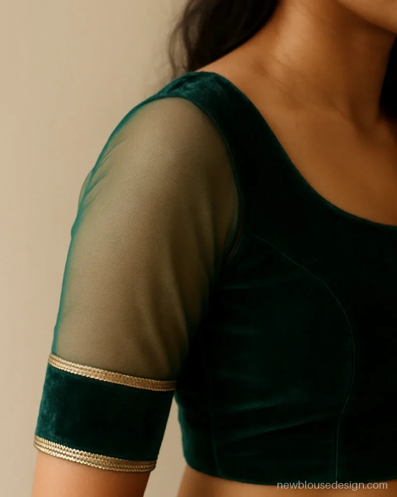 Velvet blouse sleeves design with sheer net upper and velvet cuff with zari