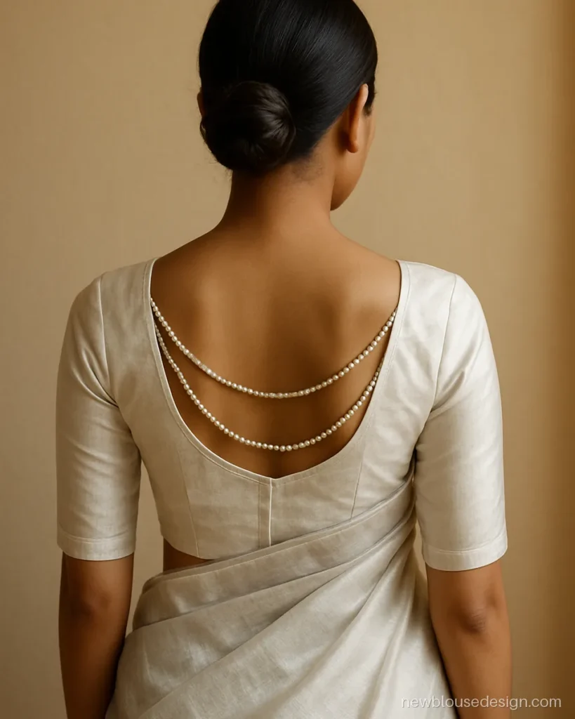 Stylish white blouse back design in silk with deep U neck and pearl strings