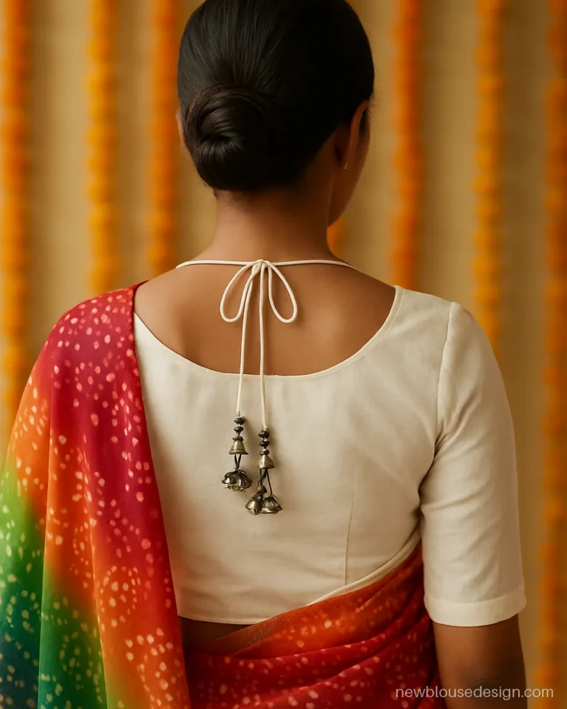 Simple white blouse back design with round neck and silver ghungroo latkans