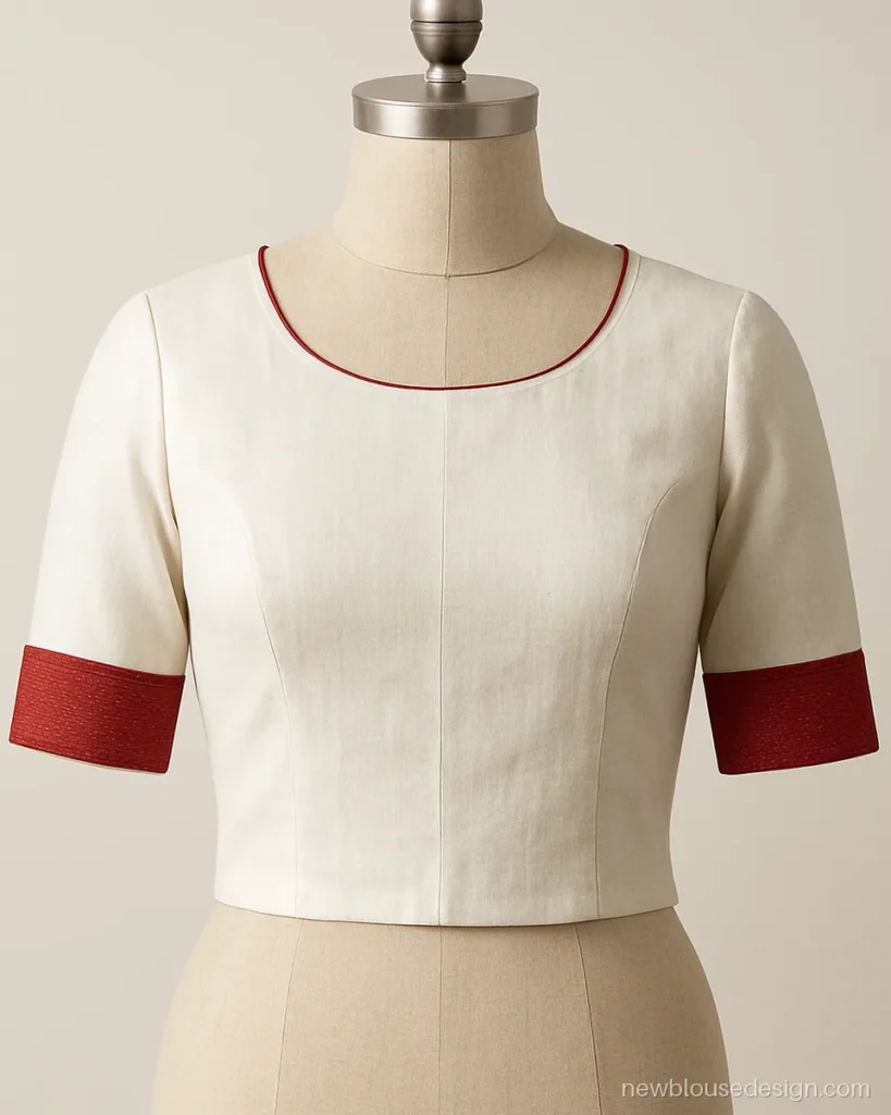 White Bengali style blouse with red border on elbow sleeves and round neck