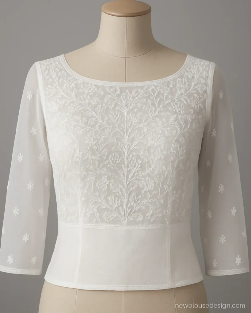 White chikankari georgette blouse with boat neck and floral shadow work on dress form