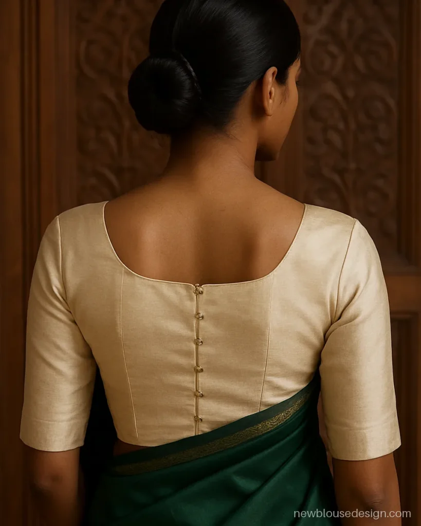 Plain cream colour blouse design in silk with square back neck and gold hooks