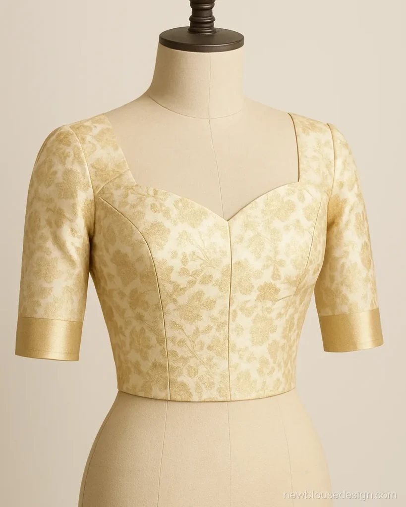 Ivory brocade blouse with sweetheart neck and elbow sleeves on a dress form