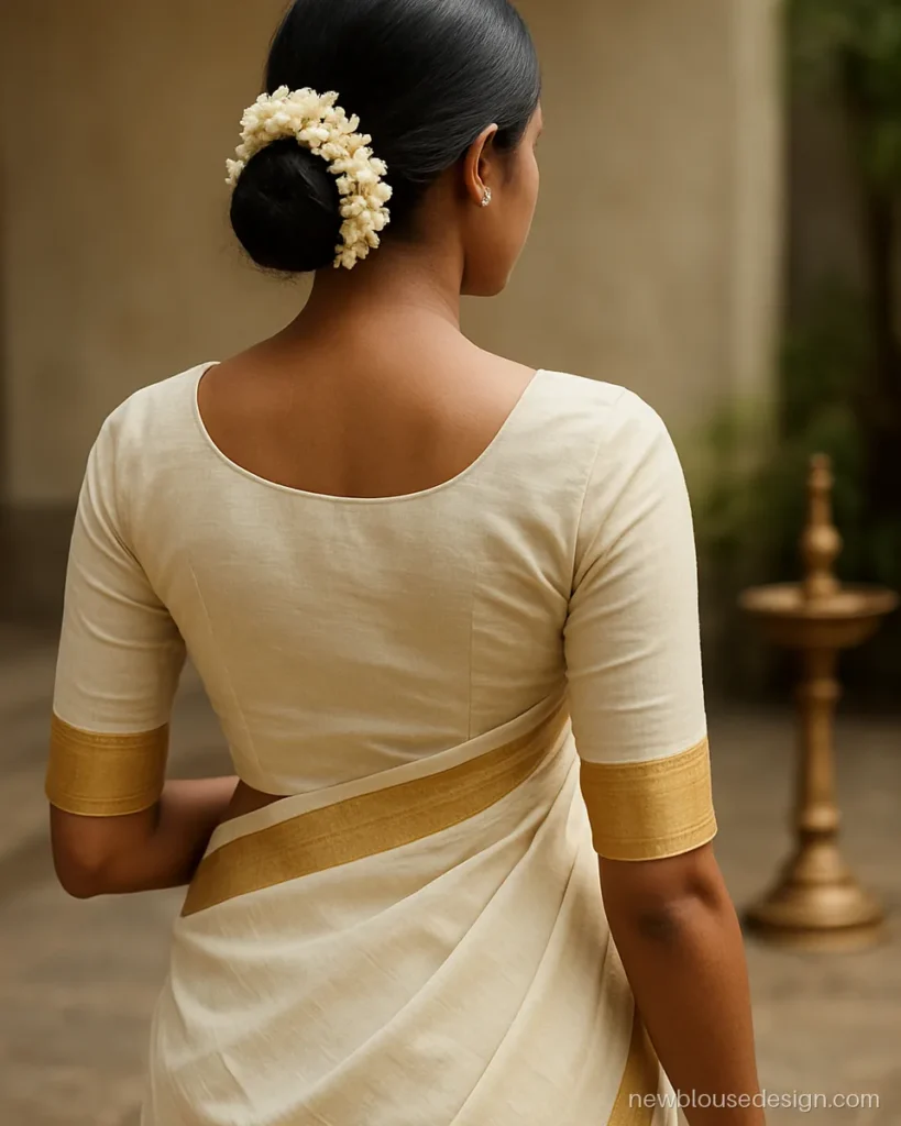 White saree blouse design back for Kerala kasavu with gold border on sleeves