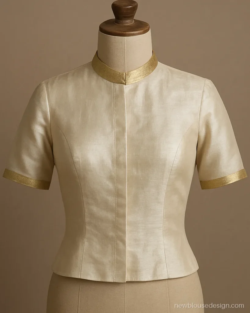 Off white tissue blouse with gold zari band collar and short sleeves on dress form