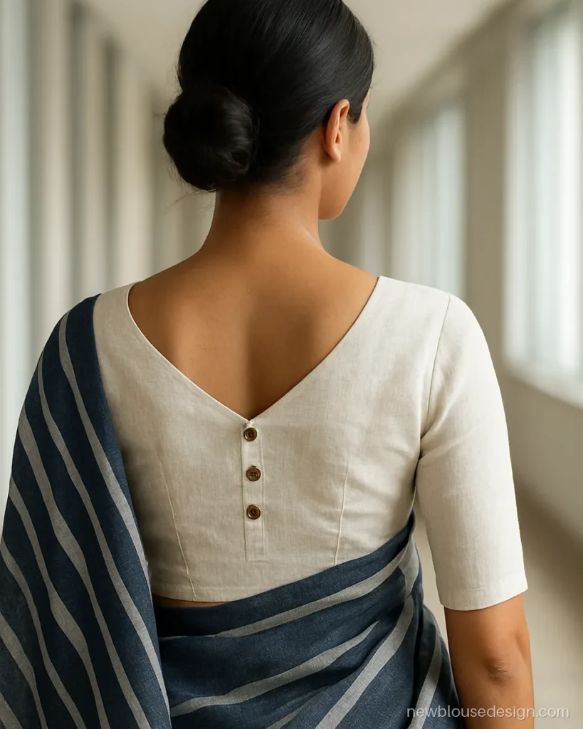 White linen blouse back with shallow V neck and three wooden buttons