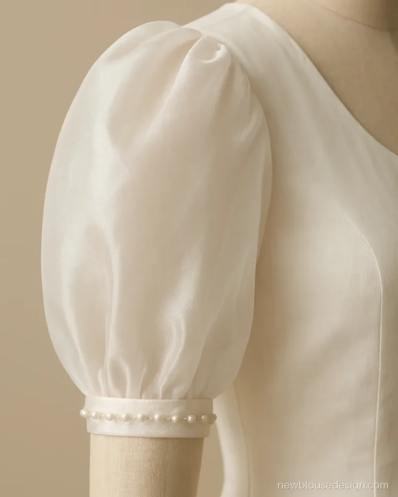 White organza puff sleeve with pearl beaded cuff, side view on a dress form