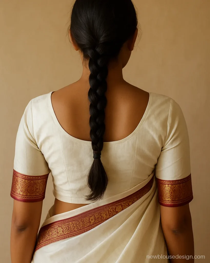 White silk blouse back with temple border and boat neck for a South white saree